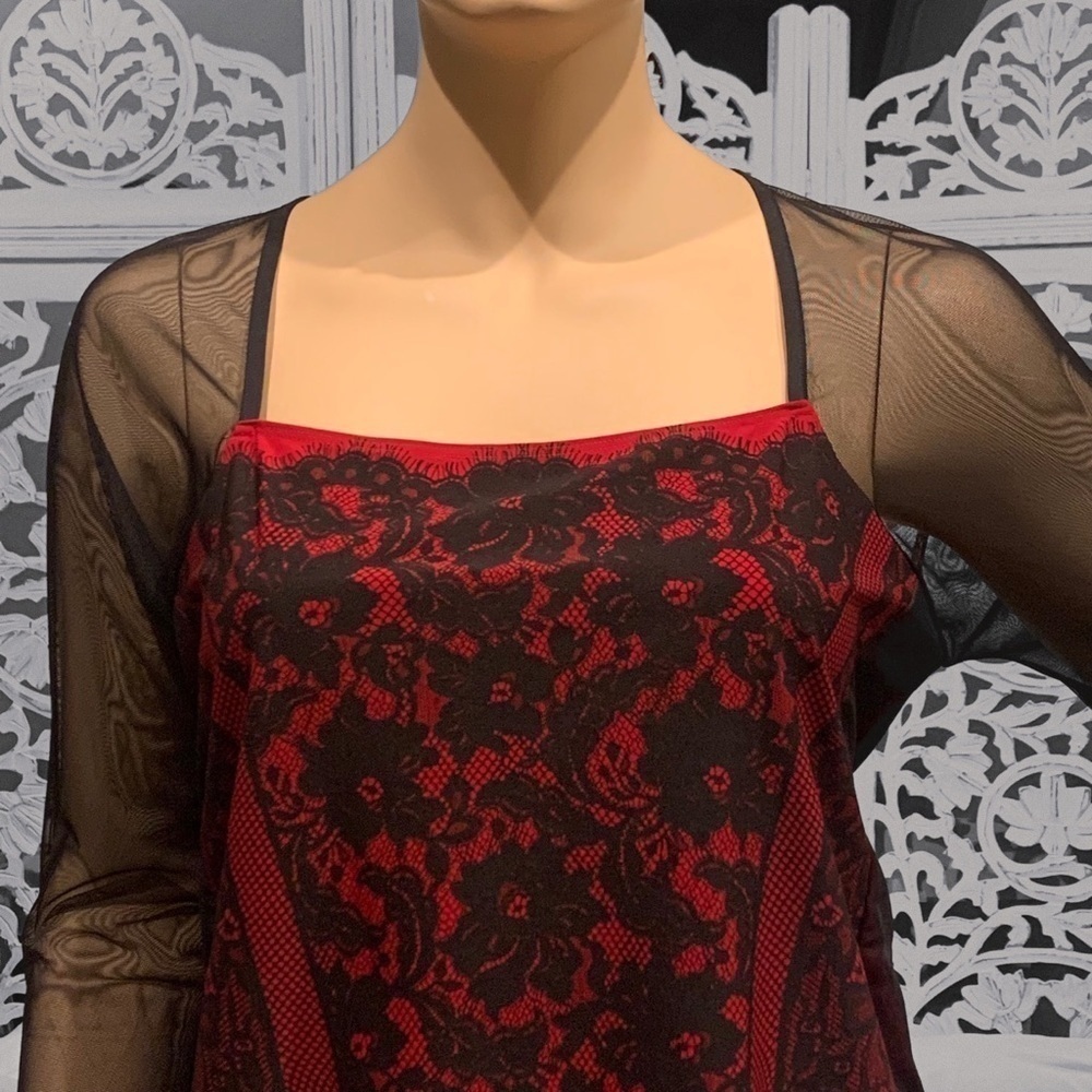 IGIGI Festival Top Plus Size 22 Black Lace on Red Blouse, 3/4 Raglan Sleeves NEW - Picture 6 of 11